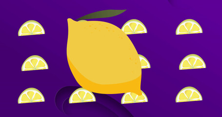 Image of lemon repeated over shapes on purple background