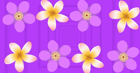Image of purple and yellow flowers spinning over purple background