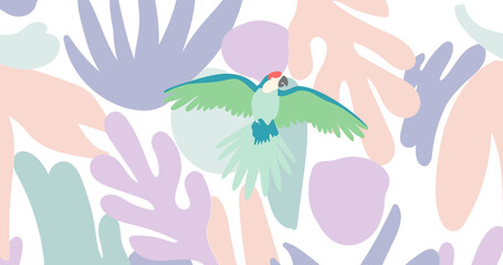 Image of green parrot over shapes on white background