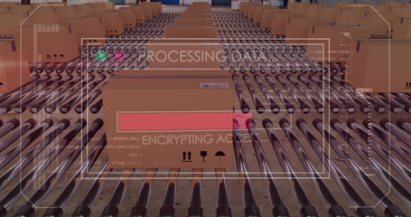 Image of data processing over cardboard boxes on conveyor belts