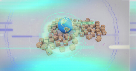Image of data processing over globe and cardboard boxes