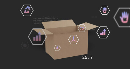Image of data processing and icons over cardboard box