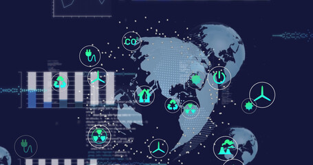 Image of ecology and green energy icons over globe