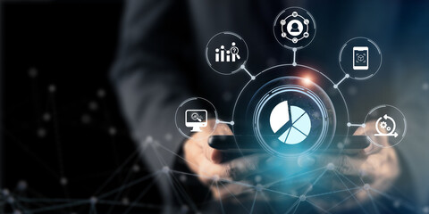 Obraz premium Increasing market share with digital marketing strategies concept. Marketing technology for humanity. Data driven, prediction, contextual, augmented and agile marketing. Digital performance management