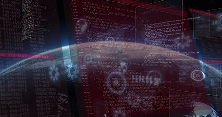 Image of data processing on screen and scopes scanning over planet earth