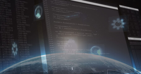 Image of data processing on screens and scopes scanning over planet earth