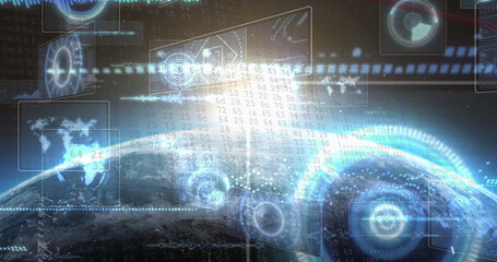 Image of data processing on screen and scopes scanning over planet earth