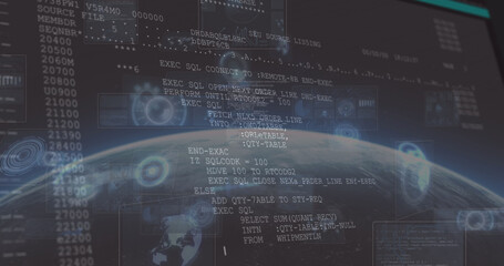Image of data processing on screen and scopes scanning over planet earth