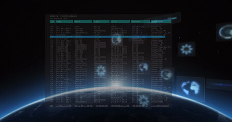 Image of data processing on screen and scopes scanning over planet earth