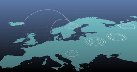 Image of white circles moving on world map