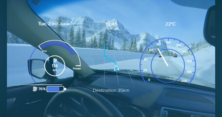 Image of interface with charging battery icon and speedometer over car