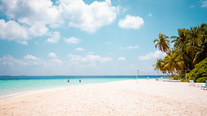 Naklejka na ściany i meble Vacation summer holidays background wallpaper - sunny tropical Caribbean paradise beach with white sand in Seychelles Praslin island Thailand style with palms