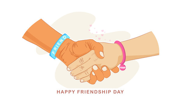 Happy Friendship Day illustration. Friends with stack of hands showing unity and teamwork, top view. females friends hug each other all together 