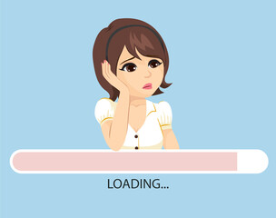 Obraz premium Vector illustration of sad young woman waiting while loading bar. Slow internet speed concept illustration