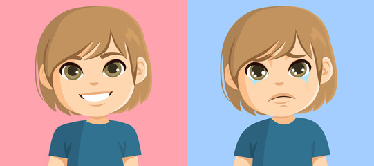 Little young boy expressing happy and sad face emotion. Joy and sadness concept vector cartoon illustration