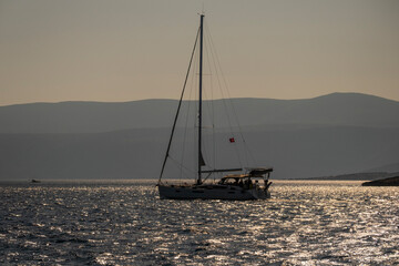 Fototapeta na wymiar Sailing Yacht on The Coast of Aegean Sea.
