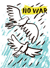 Pigeon peace vector illustrations set, no war poster