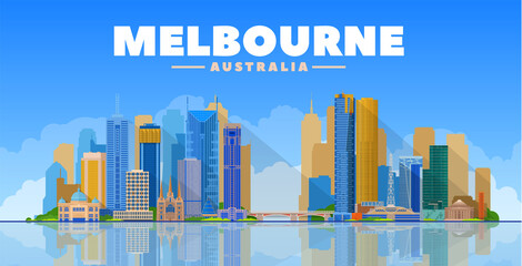 Naklejka premium Melbourne Australia skyline vector illustration. Blue background with city panorama. Travel picture. Image for Presentation Banner Placard and Web Site.