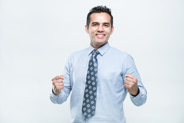 The office worker is happy with the success and has a smiling face.