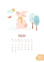 February month 2023 calendar. Cute rabbit in scarf, trees with snow, sky, texture, bird. Vector illustration with pretty bunny, kids art for planner, pocket organizer, poster.