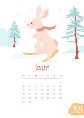 January month design, Calendar 2023 page with cute bunny skiing in the forest. Trees with snow, hills, snowflakes, abstract landscape. Vector illustration with date and mascot of new year.