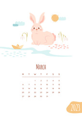 Calendar 2023 design. March page with cute rabbit walking on nature and lets a paper boat in a stream. Vector springtime illustration with baby animal. Pocket organizer, month planner template