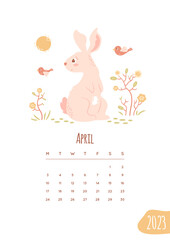 April layout, 2023 Calendar page design. Cute bunny walking with birds. Flowers on branches, sun in the sky. Baby art. Vector illustration. Month template for desk or wall organizer, planner.