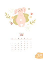 2023 June page. Calendar template with pretty bunny lying on grass. Leaves, flowers. Summer vector illustration with cute baby rabbit. Desk or wall month layout. Vector art.