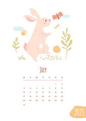 July calendar 2023 page. Cute bunny walking on nature, explore insects. Baby rabbit with butterfly, dragonfly on abstract landscape, flowers, branches and clouds. Vector illustration. Planner template