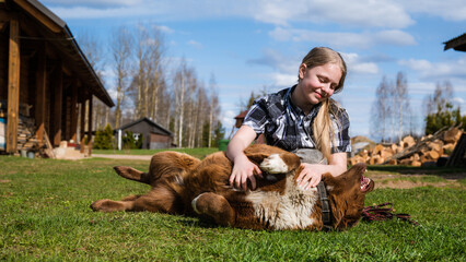 A teenage girl plays with a dog in the yard on a sunny day. Happiness.