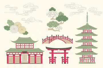 Japanese buildings and plants - obrazy, fototapety, plakaty