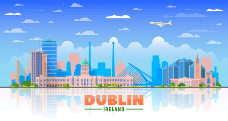 Naklejka premium Dublin, ( Ireland ) city skyline vector illustration on sky background. Business travel and tourism concept with modern buildings. Image for presentation, banner, web site.