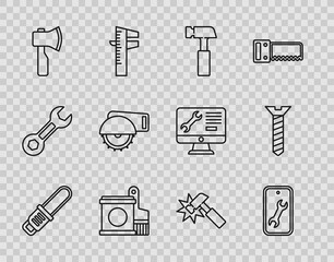 Set line Chainsaw, Mobile service, Hammer, Paint bucket and brush, Wooden axe, Electric circular, and Metallic screw icon. Vector