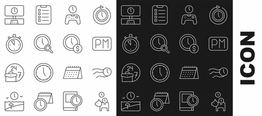 Set line Piggy bank with coin, Time flies on the clock, Day time, Gamepad of, Magnifying glass, Stopwatch, Smart Tv and is money icon. Vector