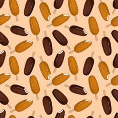 Seamless pattern with popsicle on a stick. Vector illustration of chocolate and milk ice cream sundae for fabrics, textures, wallpapers, posters, cards. Editable elements.