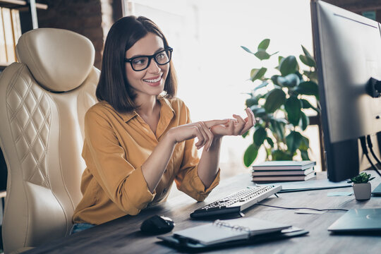 Portrait of attractive smart cheerful girl attending remote meeting discussing web plan startup at workplace workstation indoors