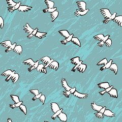 Pigeon peace vector illustrations set, seamless pattern