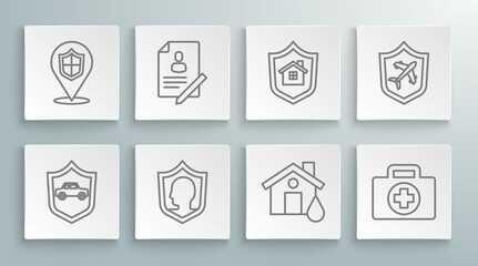 Set line Car with shield, Document, Life insurance, House flood, First aid kit, Plane and Location icon. Vector