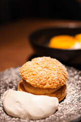 Paris-Brest , French famous dessert made of choux pastry and  praline cream, 