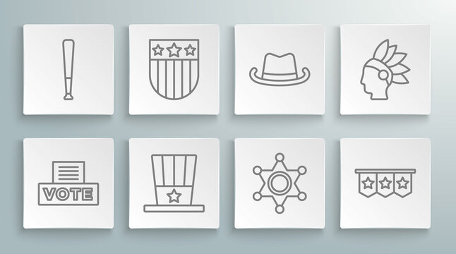 Set line Vote box, Shield with stars, Patriotic American top hat, Hexagram sheriff, Carnival garland flags, Western cowboy, Native Indian and Baseball bat icon. Vector