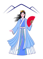 Cute beautiful woman dress in soft blue color with flower pattern ancient Chinese traditional dress called Hanfu dress holding red folding fan background with Mountain View drawing in cartoon vector