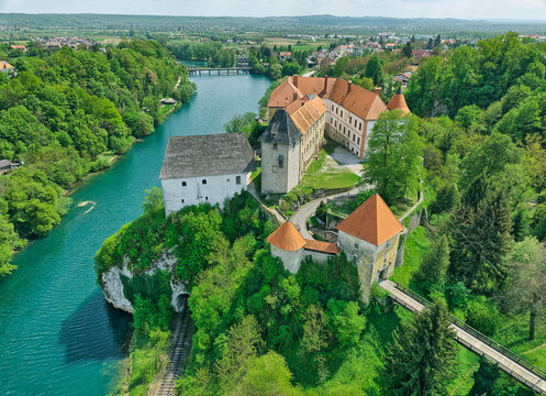 Old Castle and town Ozalj on a cliff over the Kupa