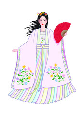 Cute beautiful woman dress in soft color with flower pattern ancient Chinese traditional dress called Hanfu dress holding red folding fan drawing in cartoon vector