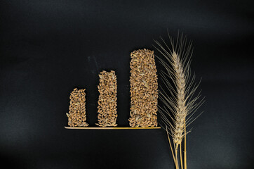 Grains of wheat in the form of columns on the graph and an ear of wheat on a black background
