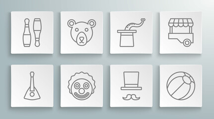 Set line Balalaika, Bear head, Clown, Magician, Beach ball, hat, Fast street food cart and Bowling pin icon. Vector