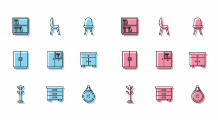 Set line Coat stand, Furniture nightstand, Library bookshelf, Mirror, Wardrobe, and Armchair icon. Vector