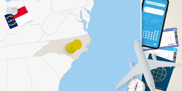 Travel to North Carolina concept, map with pin on map of North Carolina. Vacation preparation map, flag, passport and tickets.