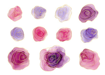 Set of flowers Rose isolated on white background. Alcohol ink. Vector illustration.