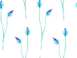 Fototapeta premium Grass Seamless Watercolor Pattern. Summer Grass Motif. Vintage Garden Wallpapaer.. Blue and Indigo Botanical Meadow Border. Abstract Floral Illustration. Plantago and Apera Dried Wild Plants.