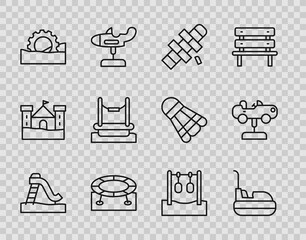 Set line Kid slide, Bumper car, Hopscotch, Jumping trampoline, Ferris wheel, Bungee, Gymnastic rings and Swing icon. Vector